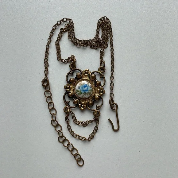 Vintage Gold Blue Rose Filigree Antique Necklace - Picture 2 of 4